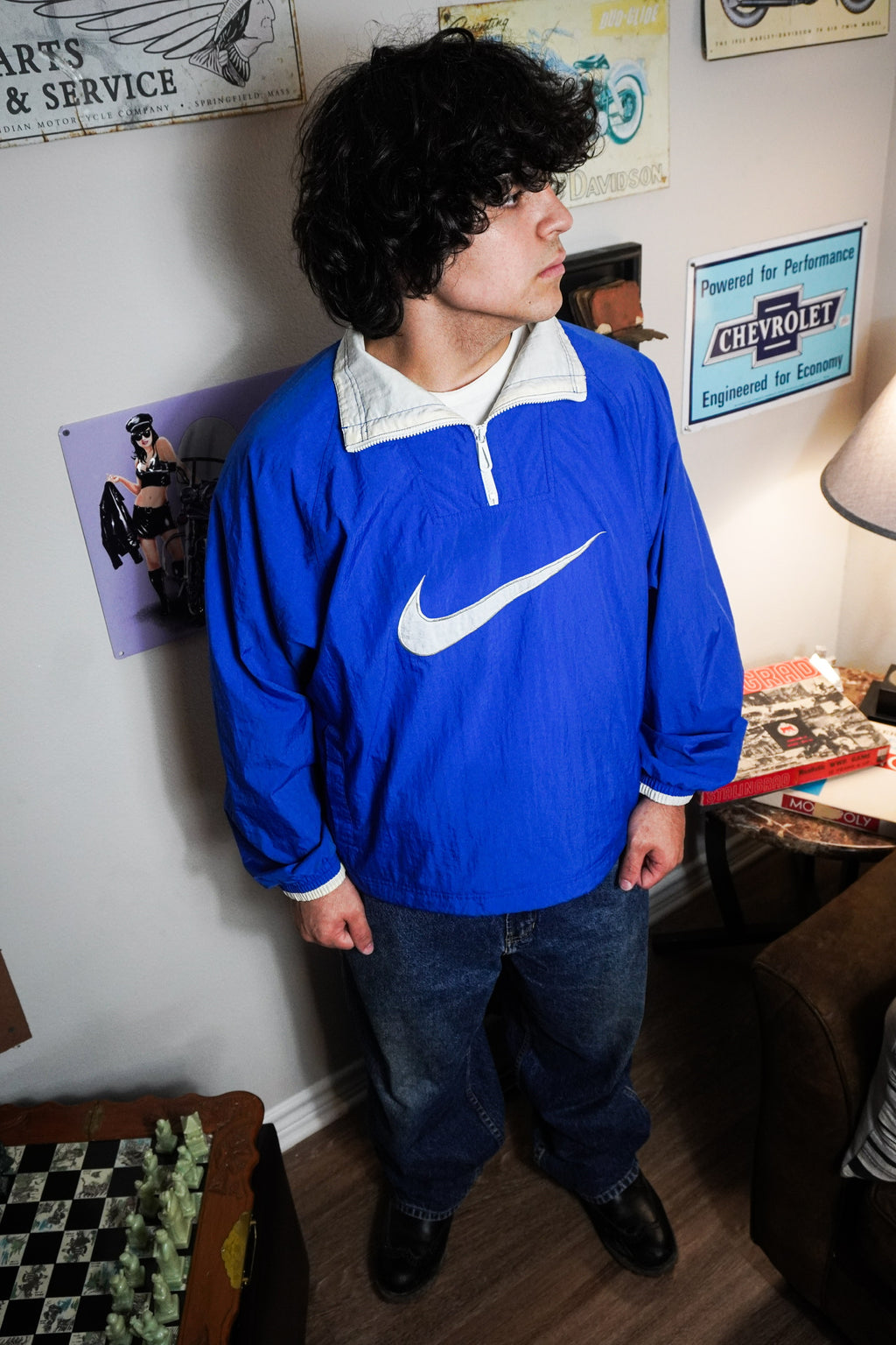 Vintage 90s Nike Embroidered Swoosh Blue White Quarter Zip Mock Neck Pullover Windbreaker Jacket