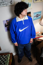 Vintage 90s Nike Embroidered Swoosh Blue White Quarter Zip Mock Neck Pullover Windbreaker Jacket