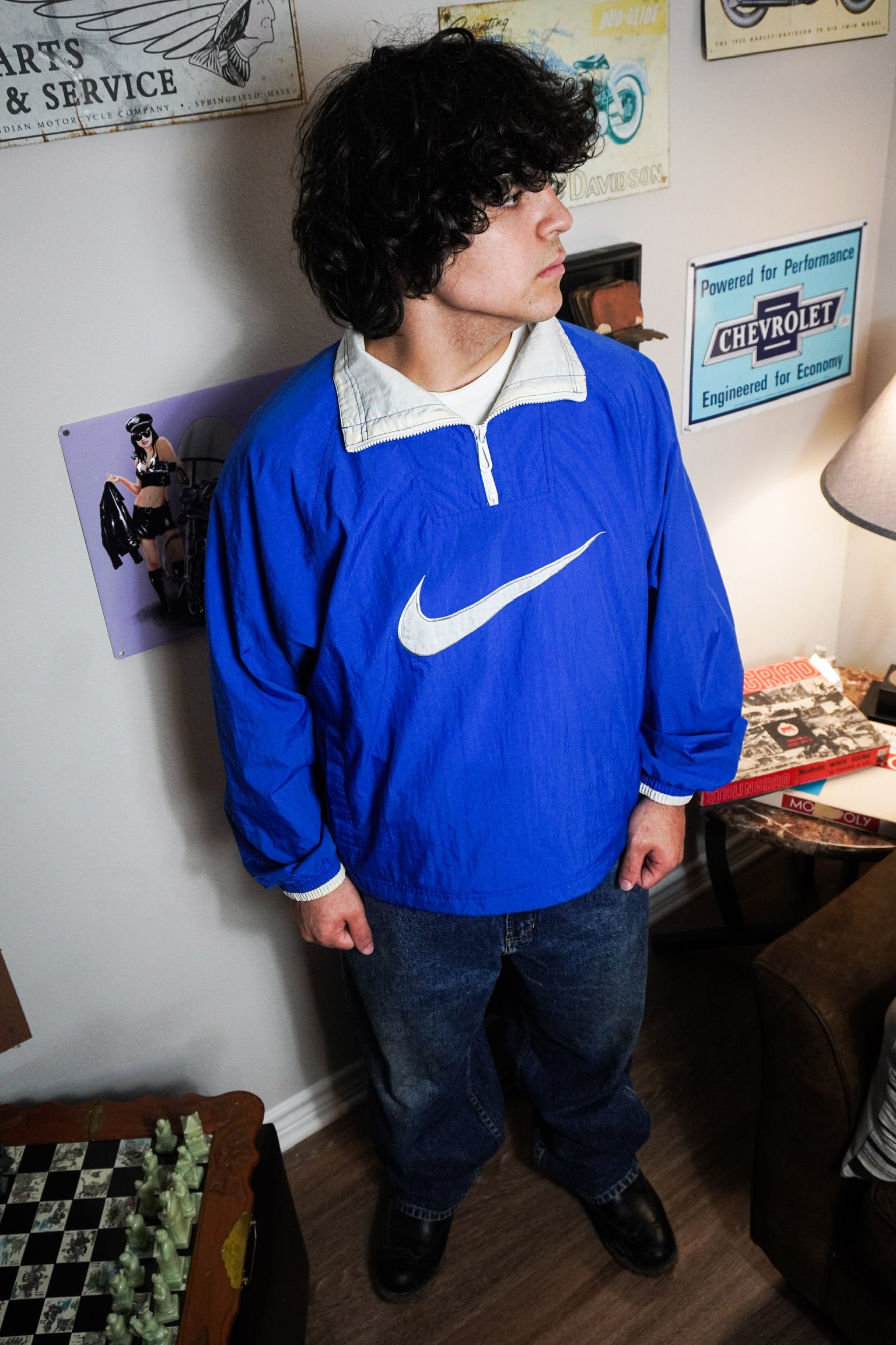 Vintage 90s Nike Embroidered Swoosh Blue White Quarter Zip Mock Neck Pullover Windbreaker Jacket