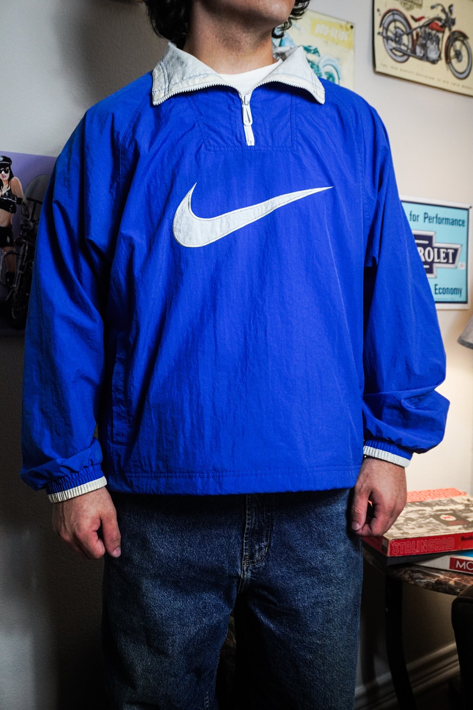 Vintage 90s Nike Embroidered Swoosh Blue White Quarter Zip Mock Neck Pullover Windbreaker Jacket