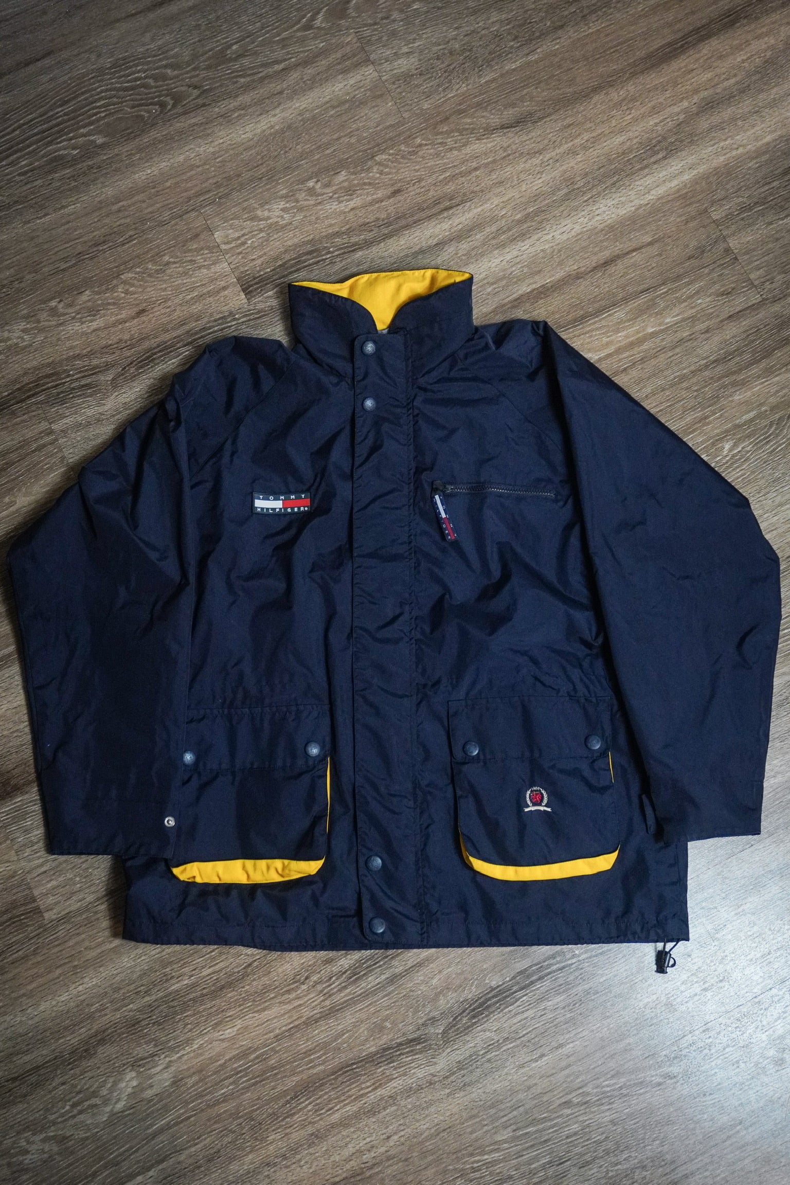 Vintage 90s Tommy Hilfiger Full Zip Navy Yellow Rain Jacket Size XL
