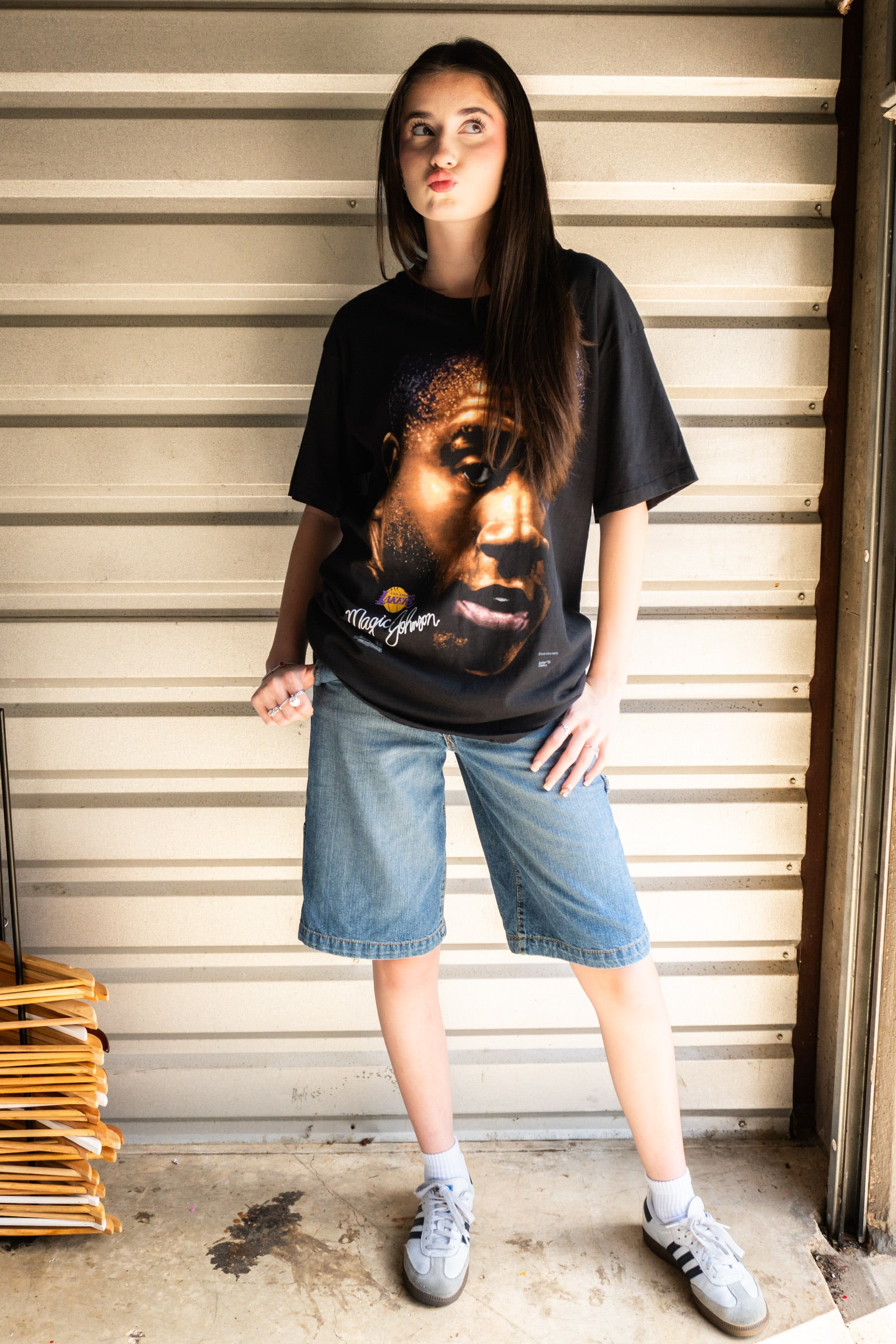 Vintage 90s Salem Sportswear Magic Johnson LA Lakers Black Big Face Tee Shirt XL