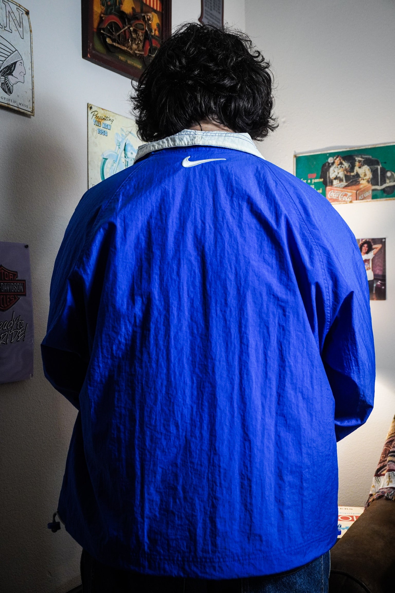 Vintage 90s Nike Embroidered Swoosh Blue White Quarter Zip Mock Neck Pullover Windbreaker Jacket