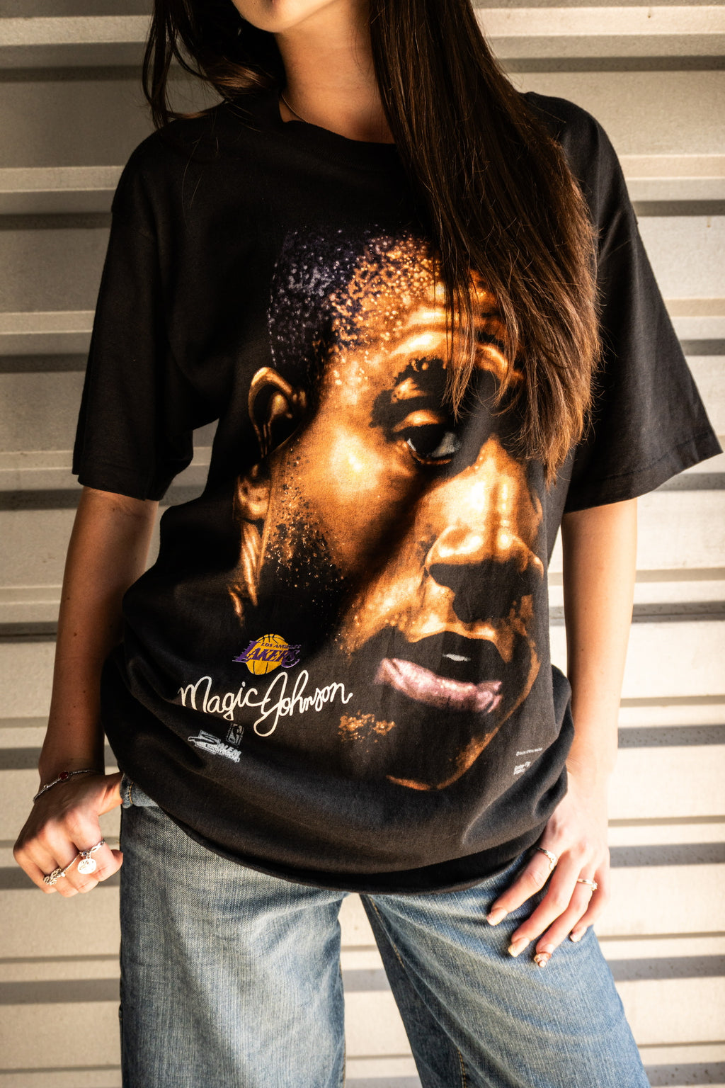 Vintage 90s Salem Sportswear Magic Johnson LA Lakers Black Big Face Tee Shirt XL
