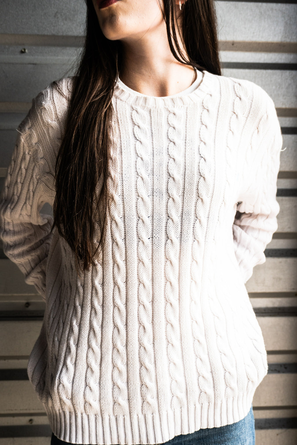 Vintage 90s Ralph Lauren Sport Womens Cable Knit White Cotton Sweater