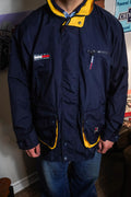 Vintage 90s Tommy Hilfiger Full Zip Navy Yellow Rain Jacket Size XL
