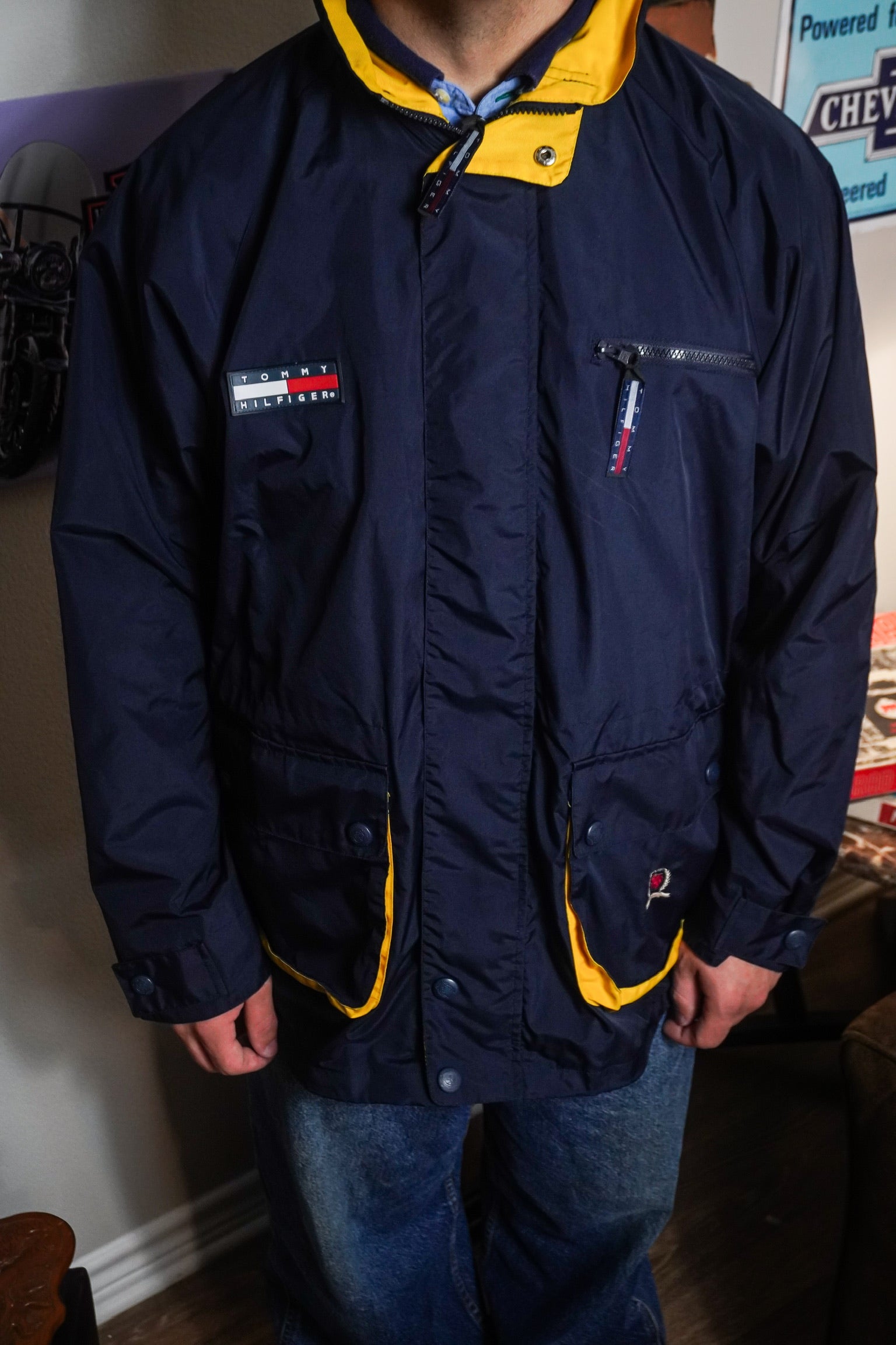 Vintage 90s Tommy Hilfiger Full Zip Navy Yellow Rain Jacket Size XL