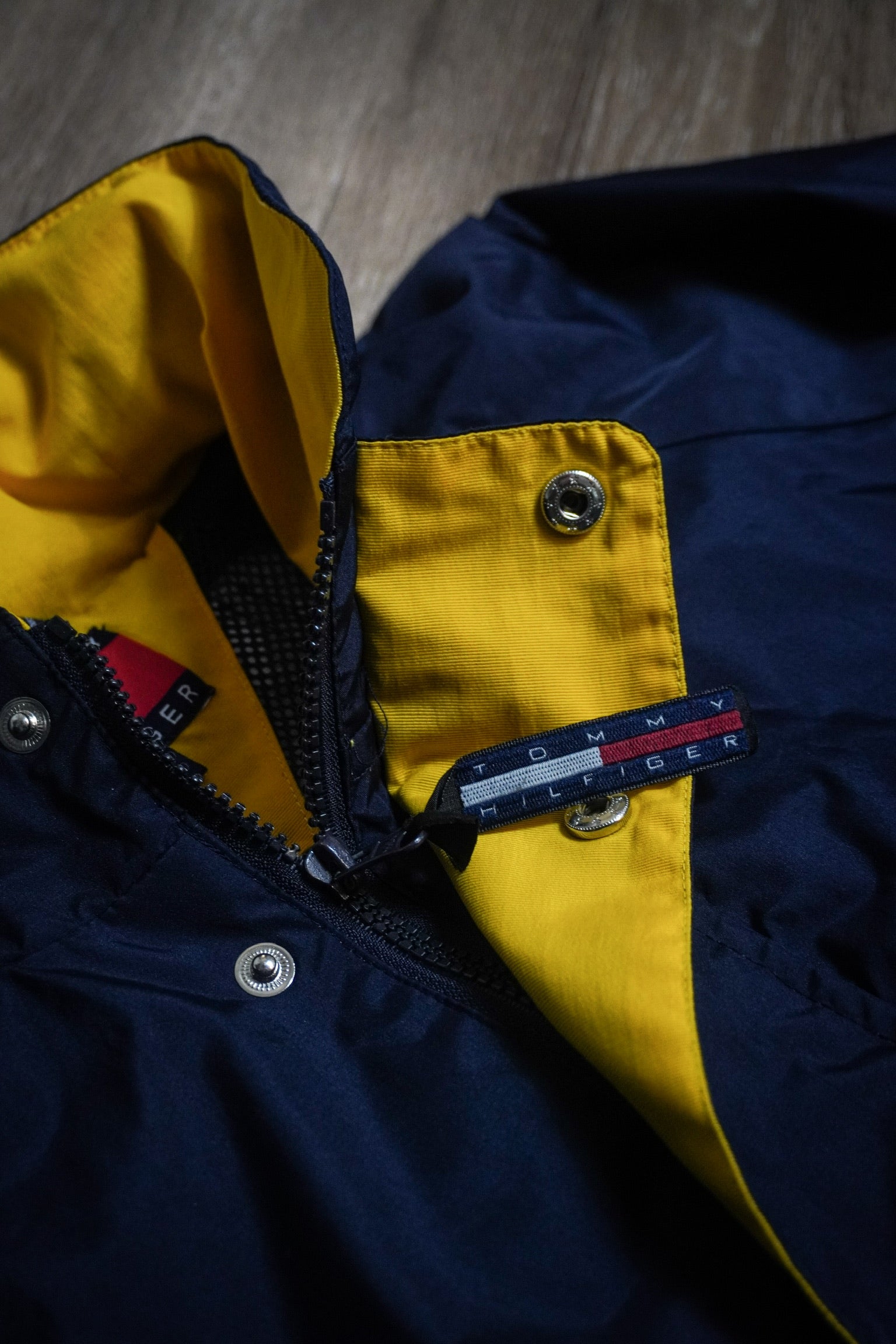 Vintage 90s Tommy Hilfiger Full Zip Navy Yellow Rain Jacket Size XL
