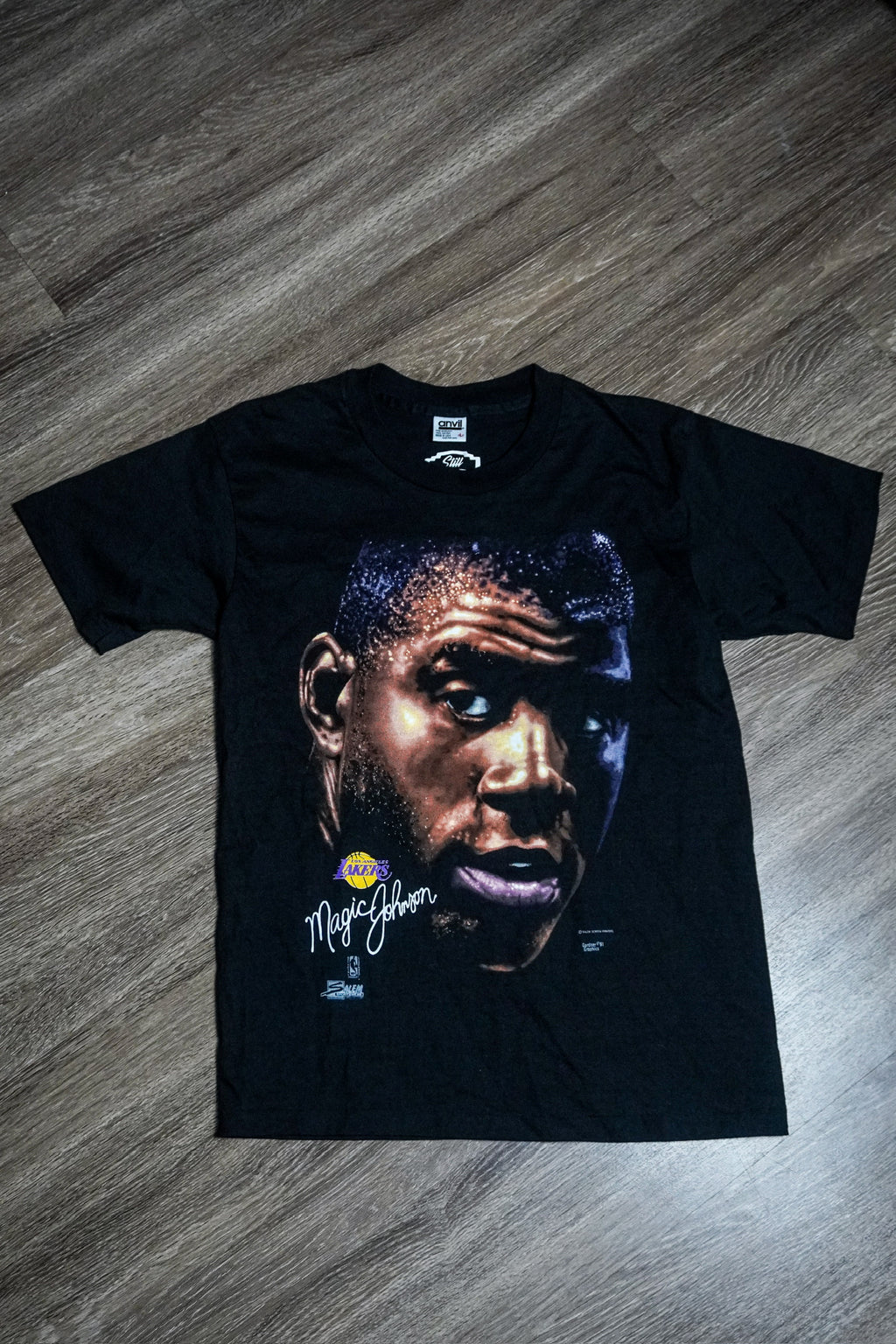 Vintage 90s Salem Sportswear Magic Johnson LA Lakers Black Big Face Tee Shirt XL