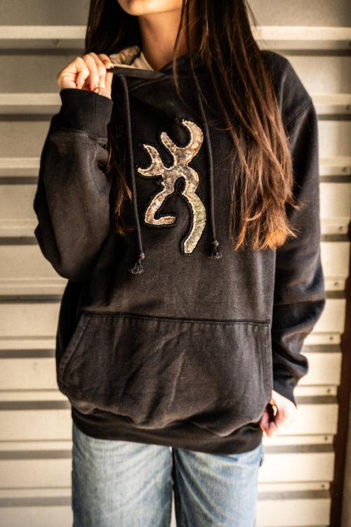 Vintage 2000s Browning Camo Lined Black Fleece Pullover Hoodie Size L