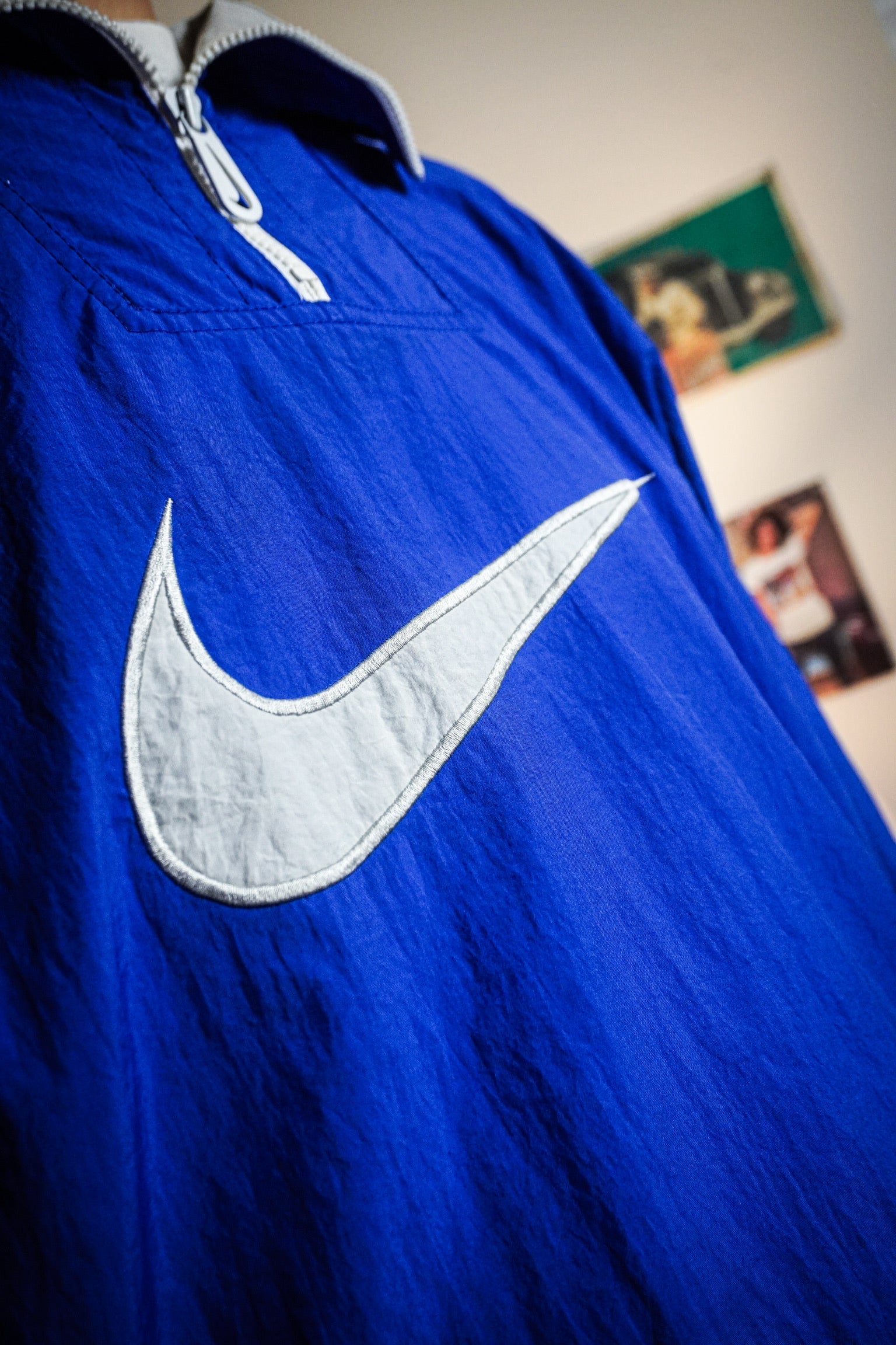 Vintage 90s Nike Embroidered Swoosh Blue White Quarter Zip Mock Neck Pullover Windbreaker Jacket