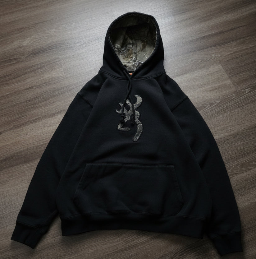 Vintage 2000s Browning Camo Lined Black Fleece Pullover Hoodie Size L
