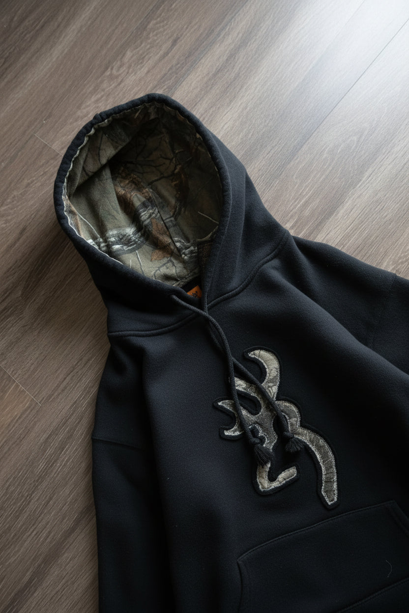 Vintage 2000s Browning Camo Lined Black Fleece Pullover Hoodie Size L